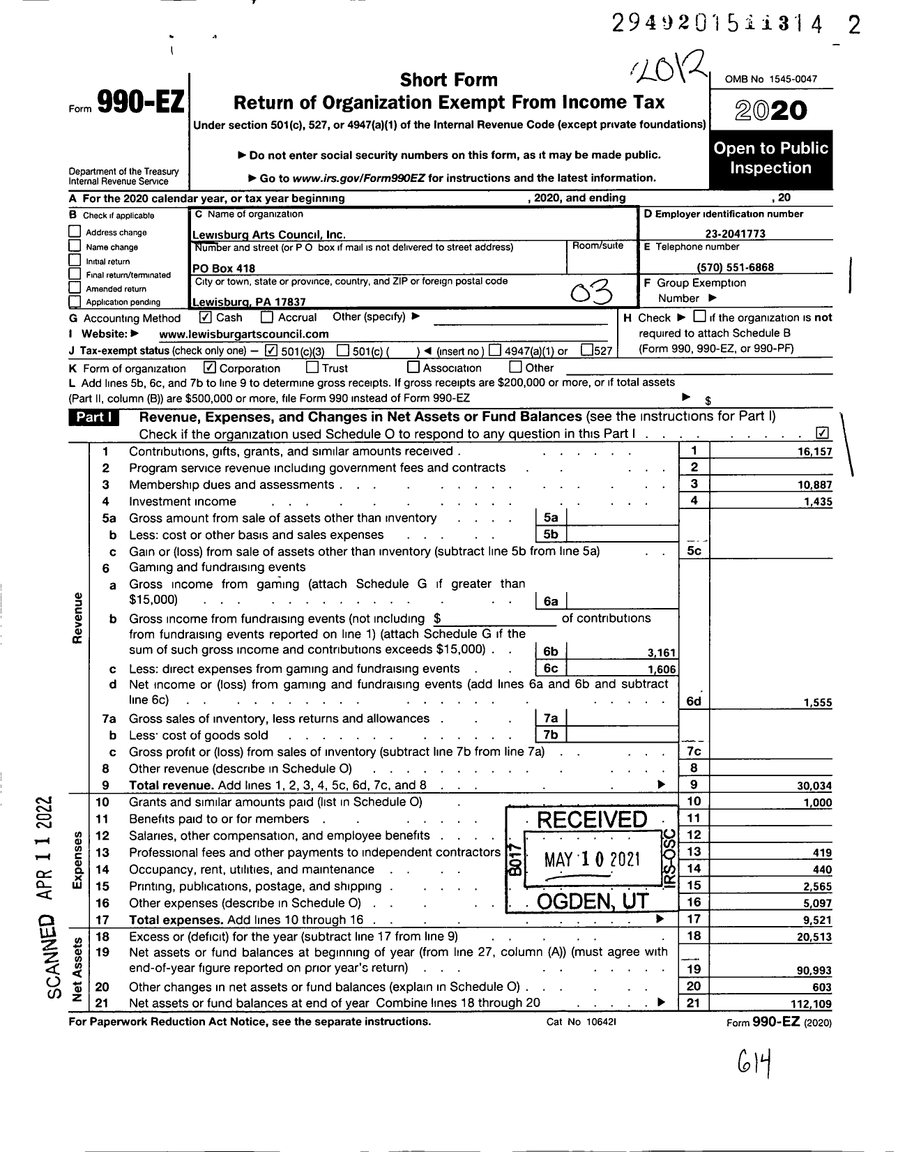 Image of first page of 2020 Form 990EZ for Lewisburg Arts Council