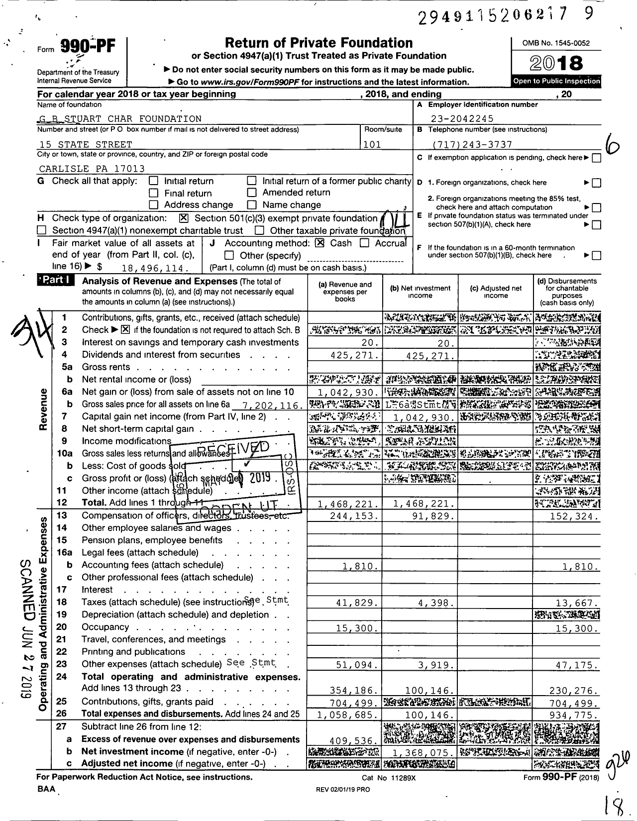 Image of first page of 2018 Form 990PF for G. B. Stuart Charitable Foundation