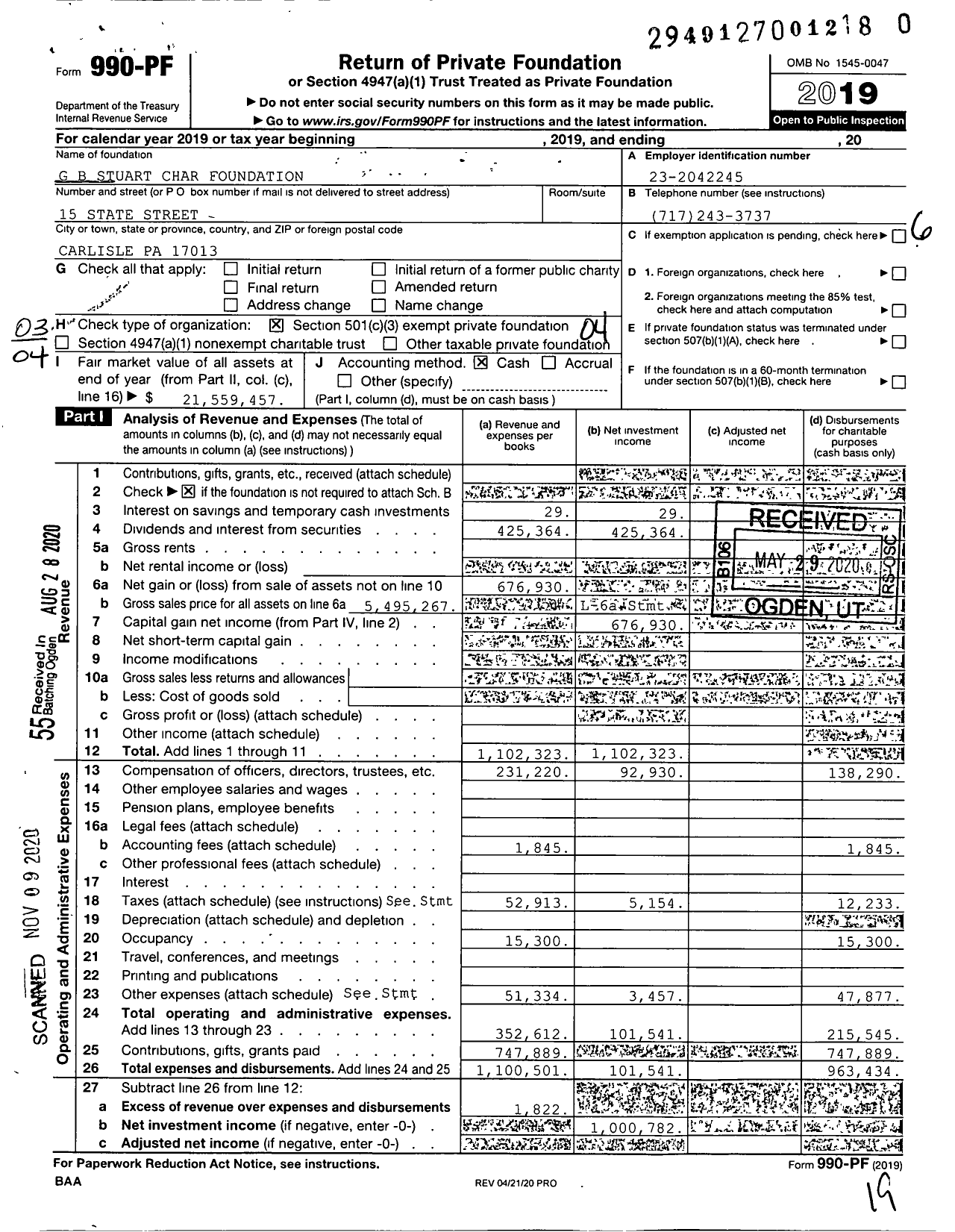 Image of first page of 2019 Form 990PF for G. B. Stuart Charitable Foundation