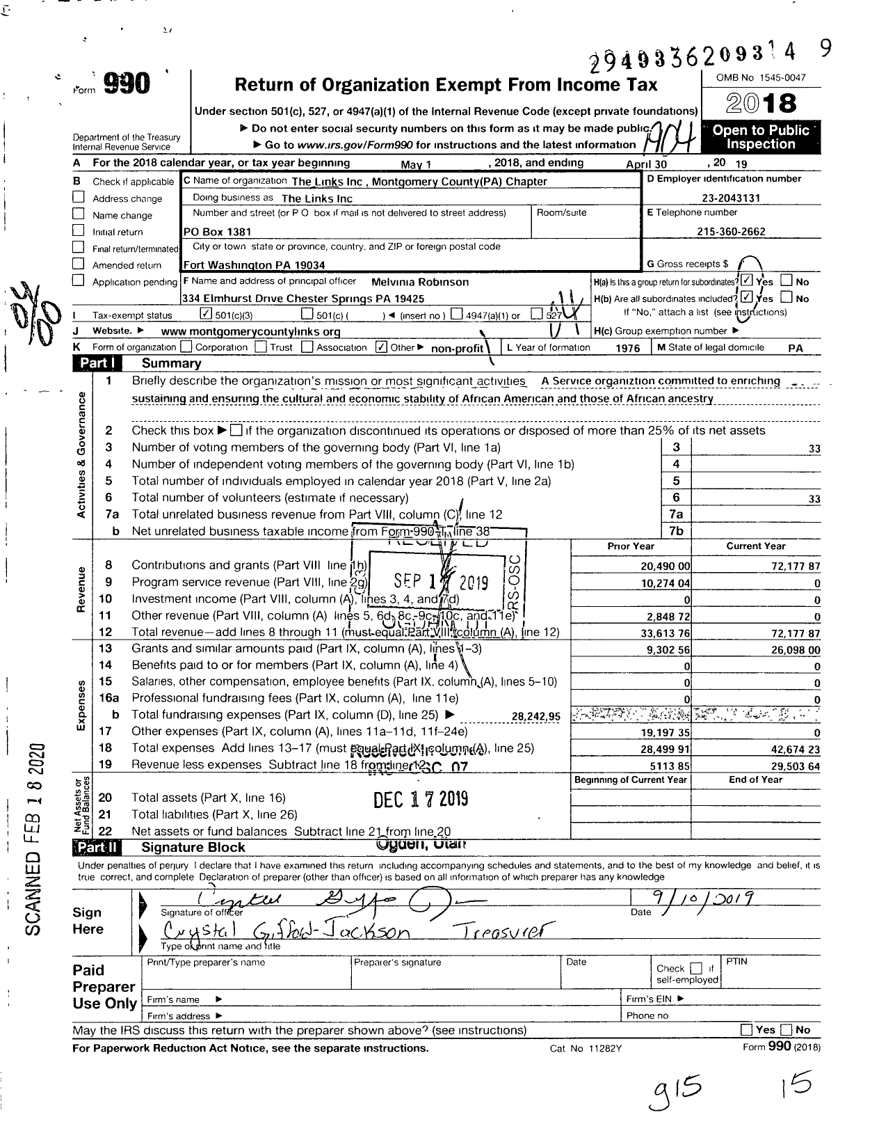 Image of first page of 2018 Form 990O for The Montgomery County Pa Chapter of the Montgomery County