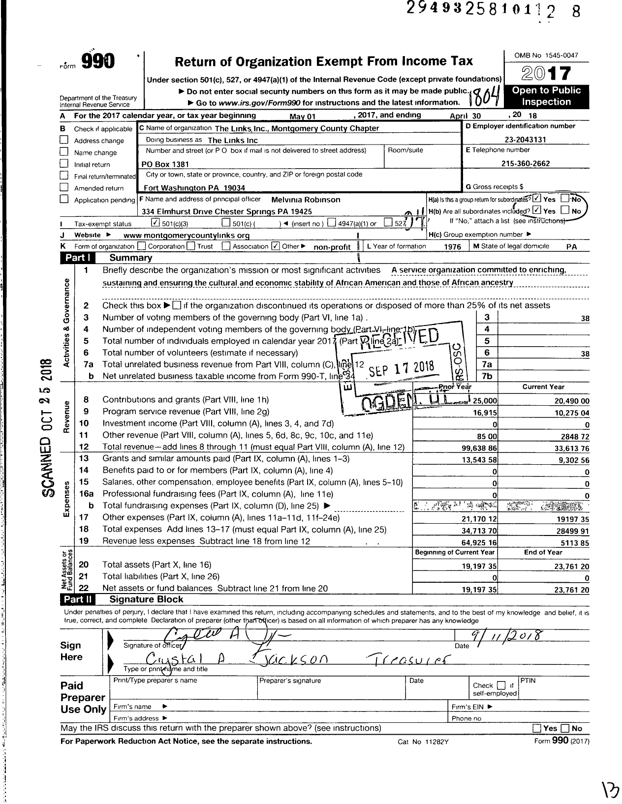 Image of first page of 2017 Form 990O for The Montgomery County Pa Chapter of the Montgomery County