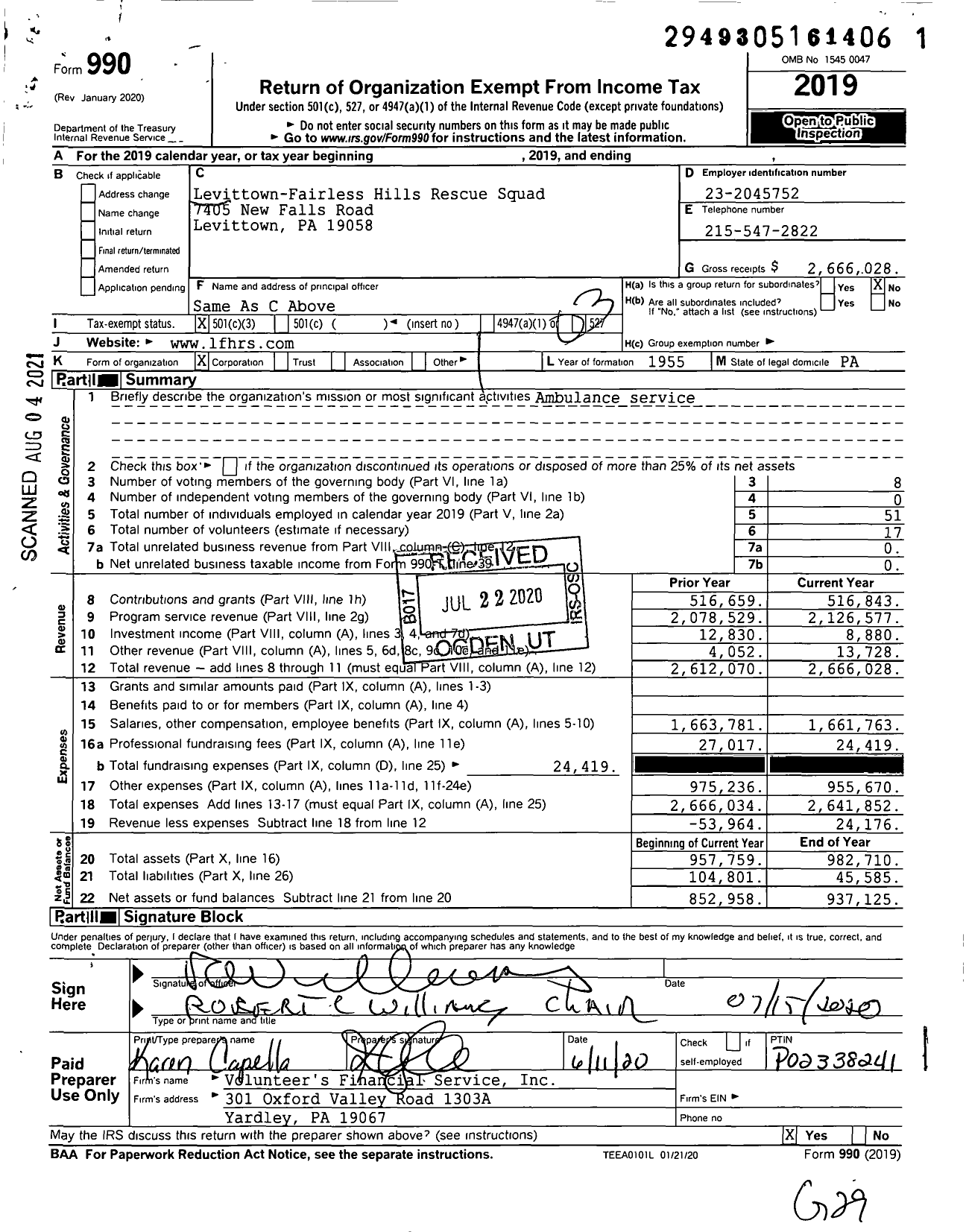 Image of first page of 2019 Form 990 for Levittown-Fairless Hills Rescue Squad (LFHRS)