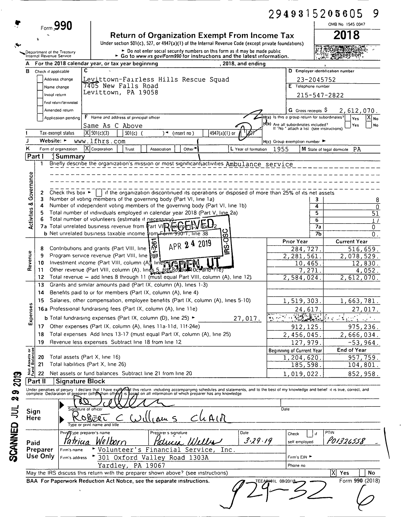 Image of first page of 2018 Form 990 for Levittown-Fairless Hills Rescue Squad (LFHRS)
