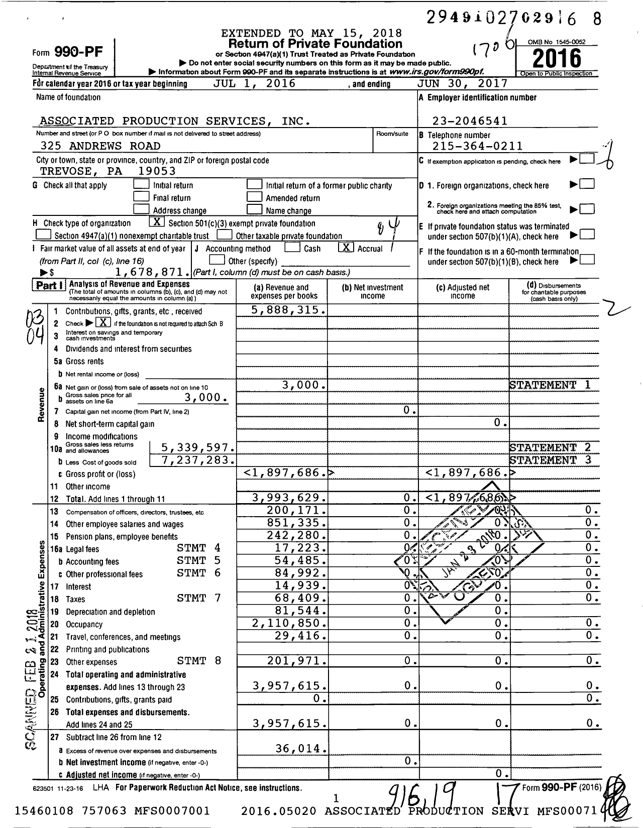 Image of first page of 2016 Form 990PF for Associated Production Services (APS)