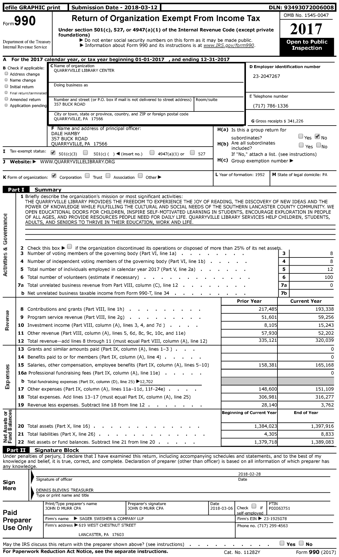 Image of first page of 2017 Form 990 for Quarryville Library Center