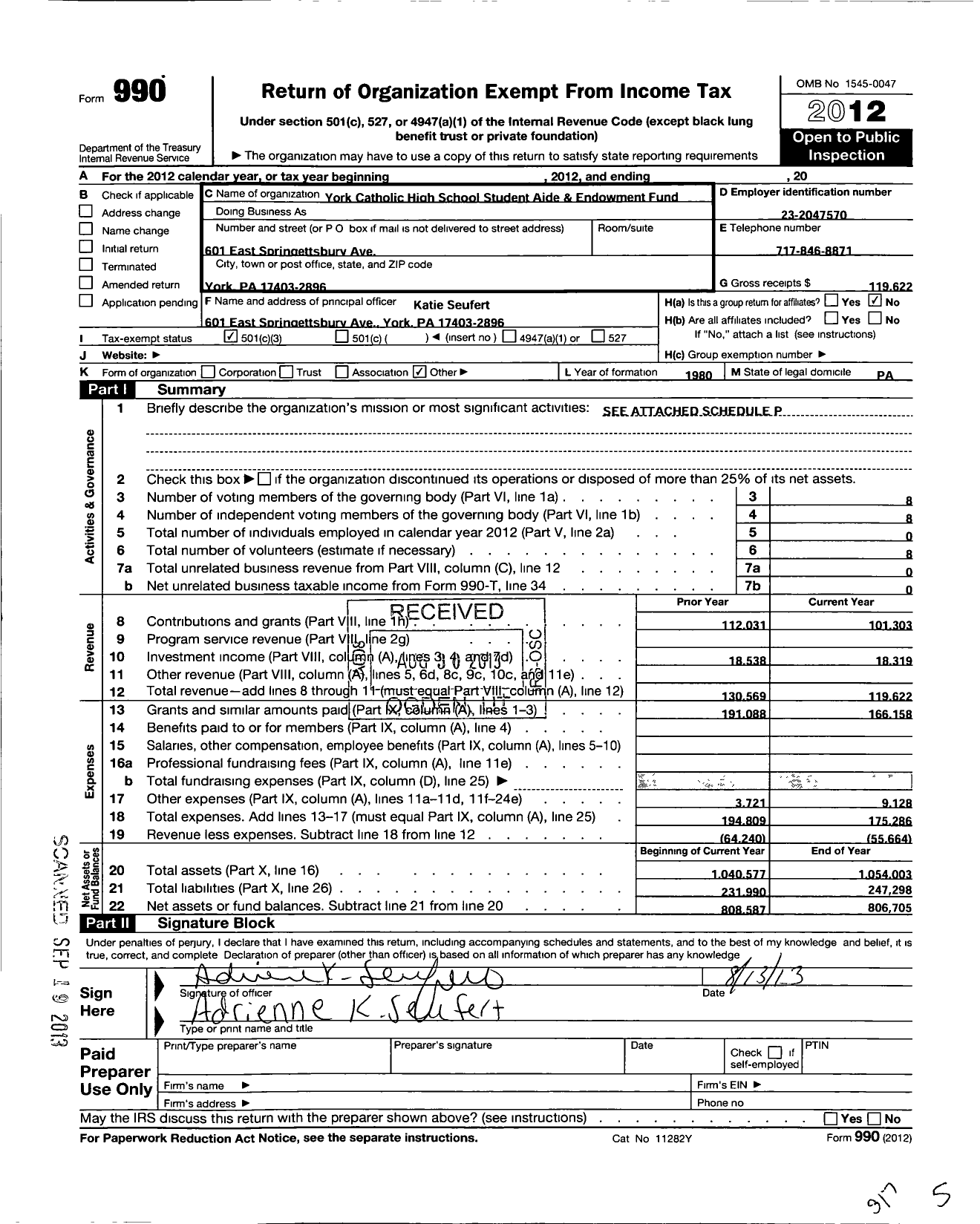 Image of first page of 2012 Form 990 for York Catholic High School Student Aide and Endowment Fund
