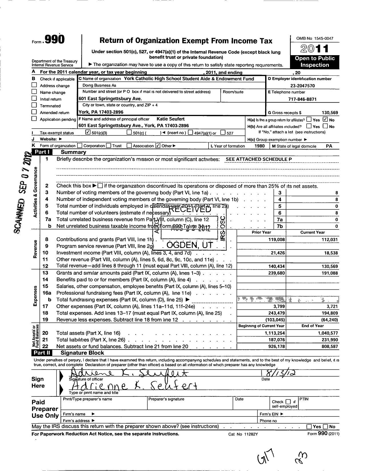 Image of first page of 2011 Form 990 for York Catholic High School Student Aide and Endowment Fund