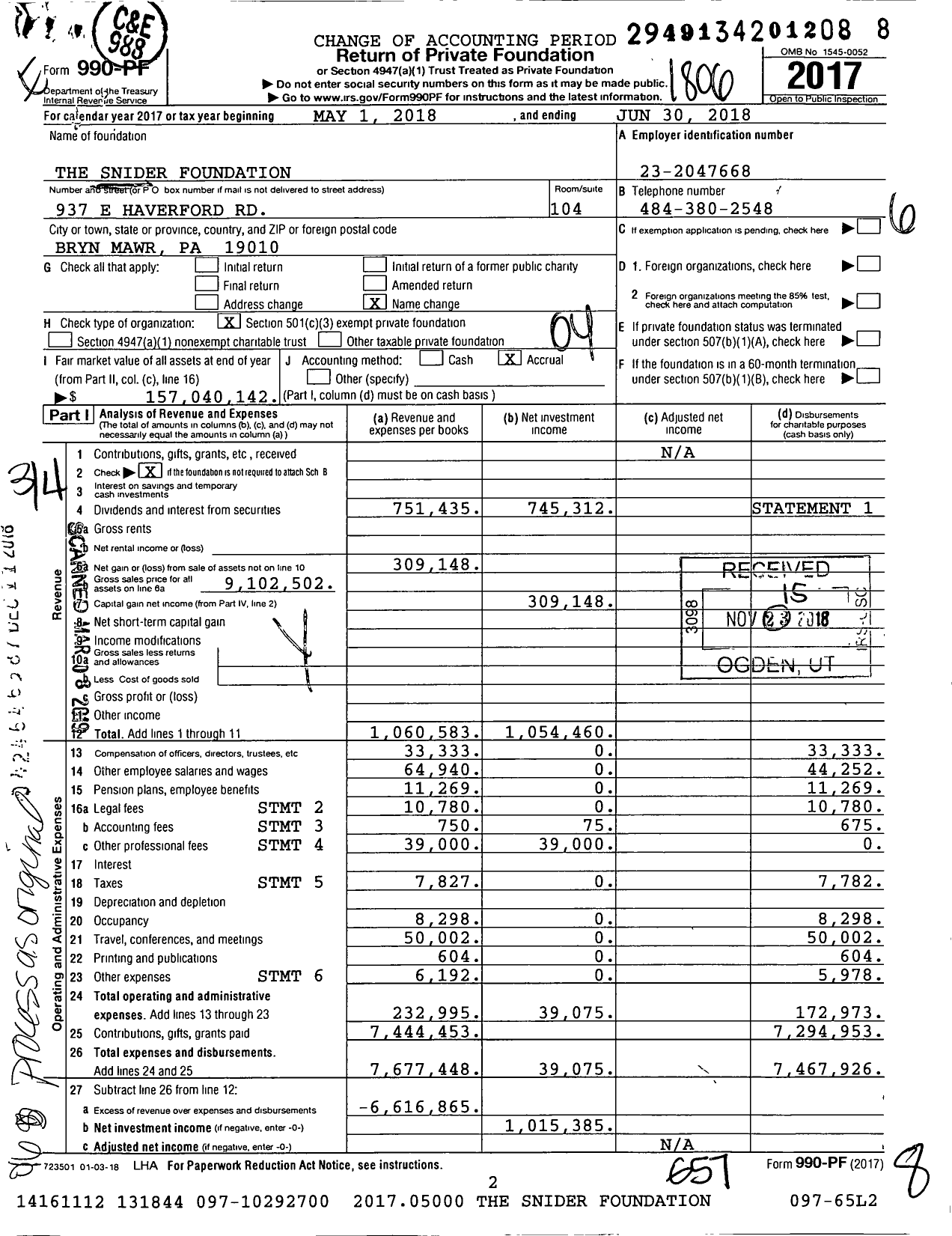 Image of first page of 2017 Form 990PF for The Snider Foundation