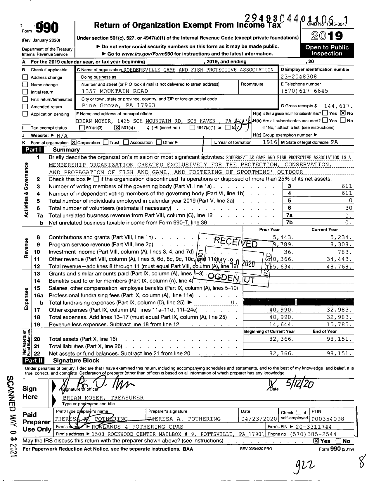 Image of first page of 2019 Form 990O for Roedersville Game and Fish Protective Association