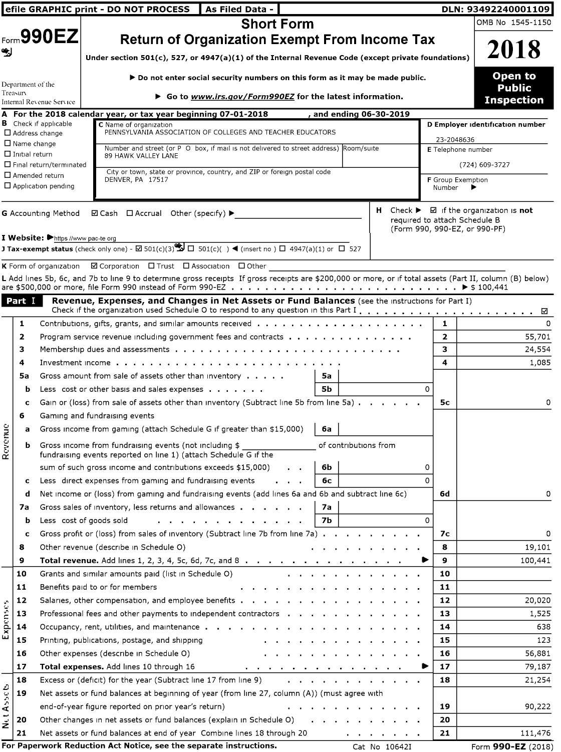 Image of first page of 2018 Form 990EZ for Pennsylvania Association of Colleges and Teacher Educators