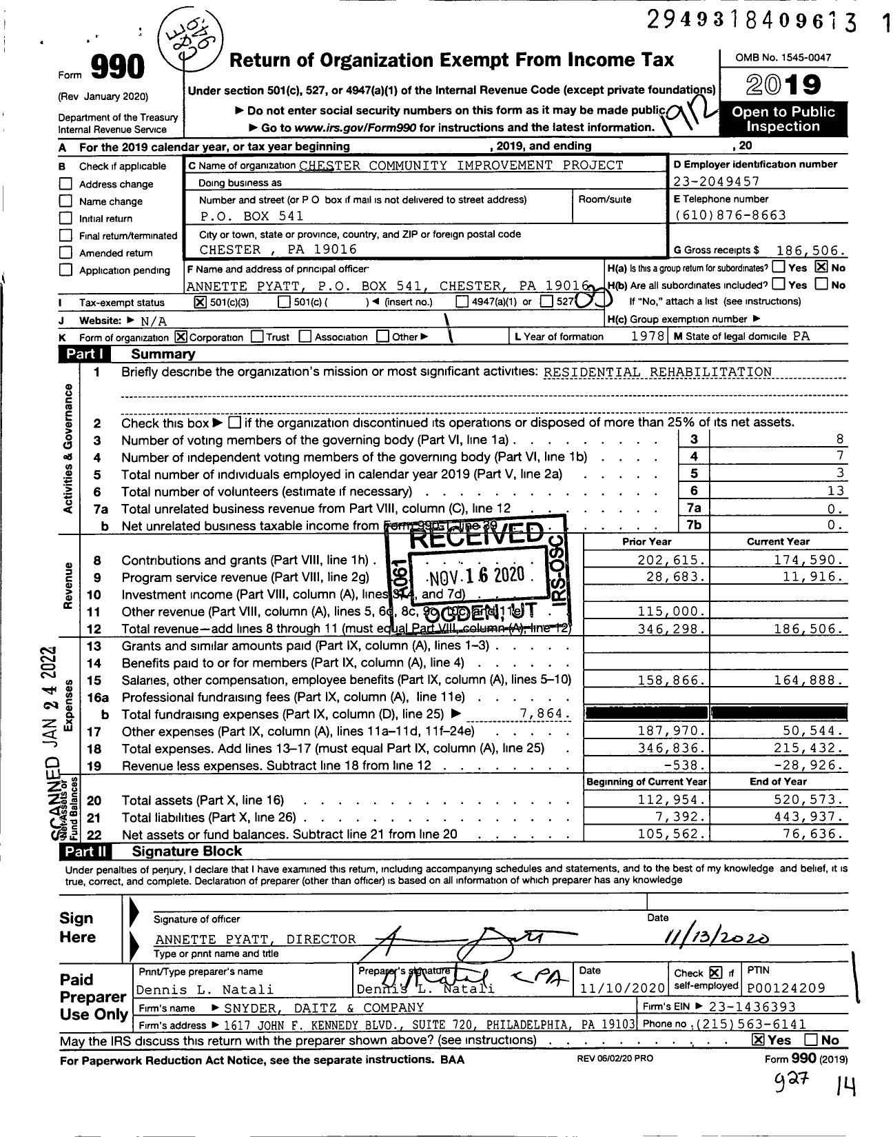 Image of first page of 2019 Form 990 for Chester Community Improvement Project