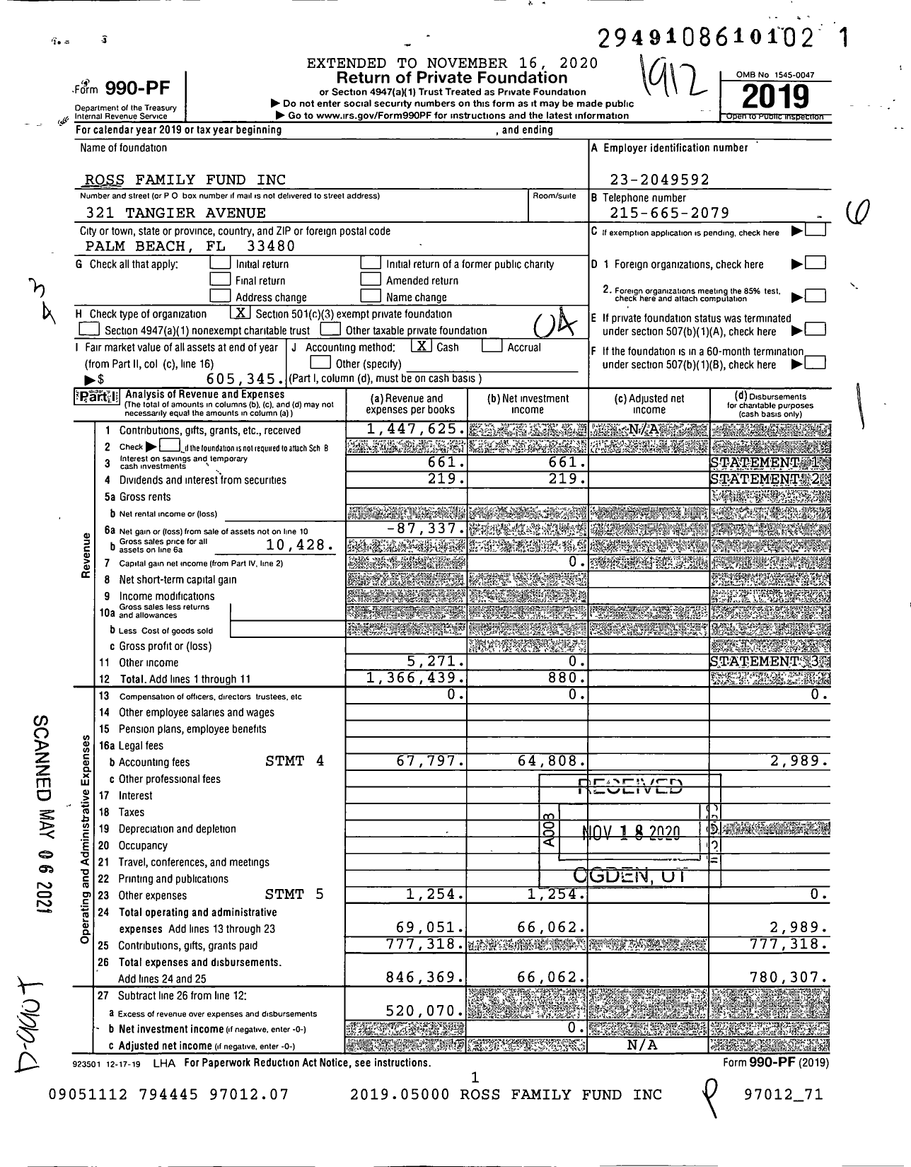 Image of first page of 2019 Form 990PF for Ross Family Fund