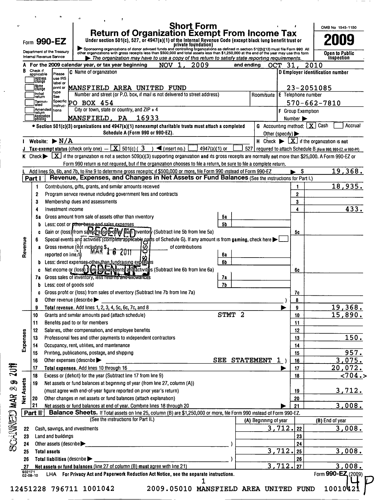 Image of first page of 2009 Form 990EZ for Mansfiield Area United Way