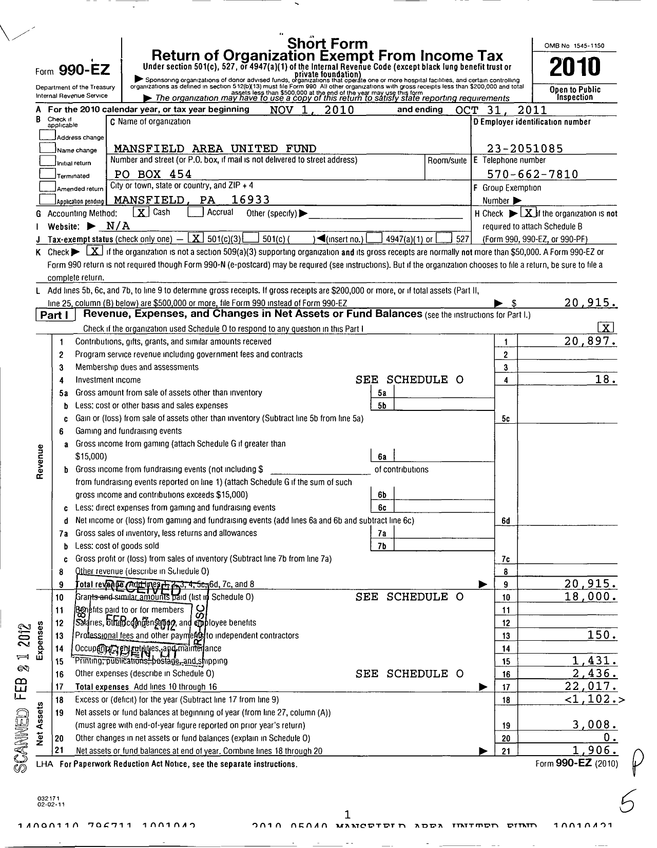 Image of first page of 2010 Form 990EZ for Mansfiield Area United Way