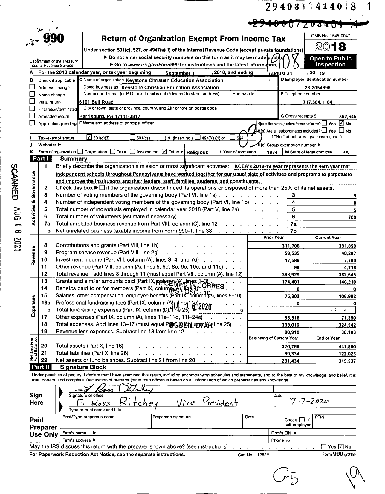 Image of first page of 2018 Form 990 for Keystone Christian Education Association