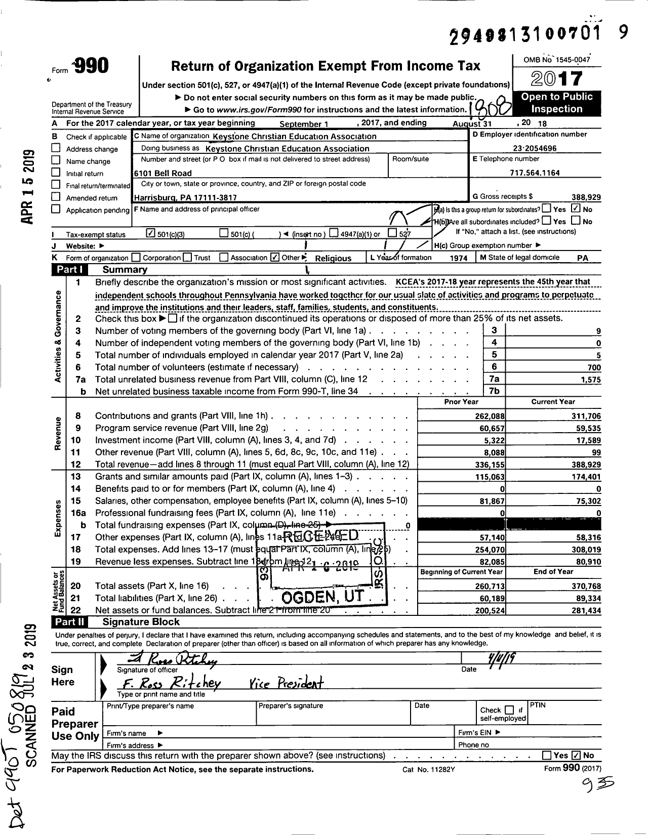 Image of first page of 2017 Form 990 for Keystone Christian Education Association