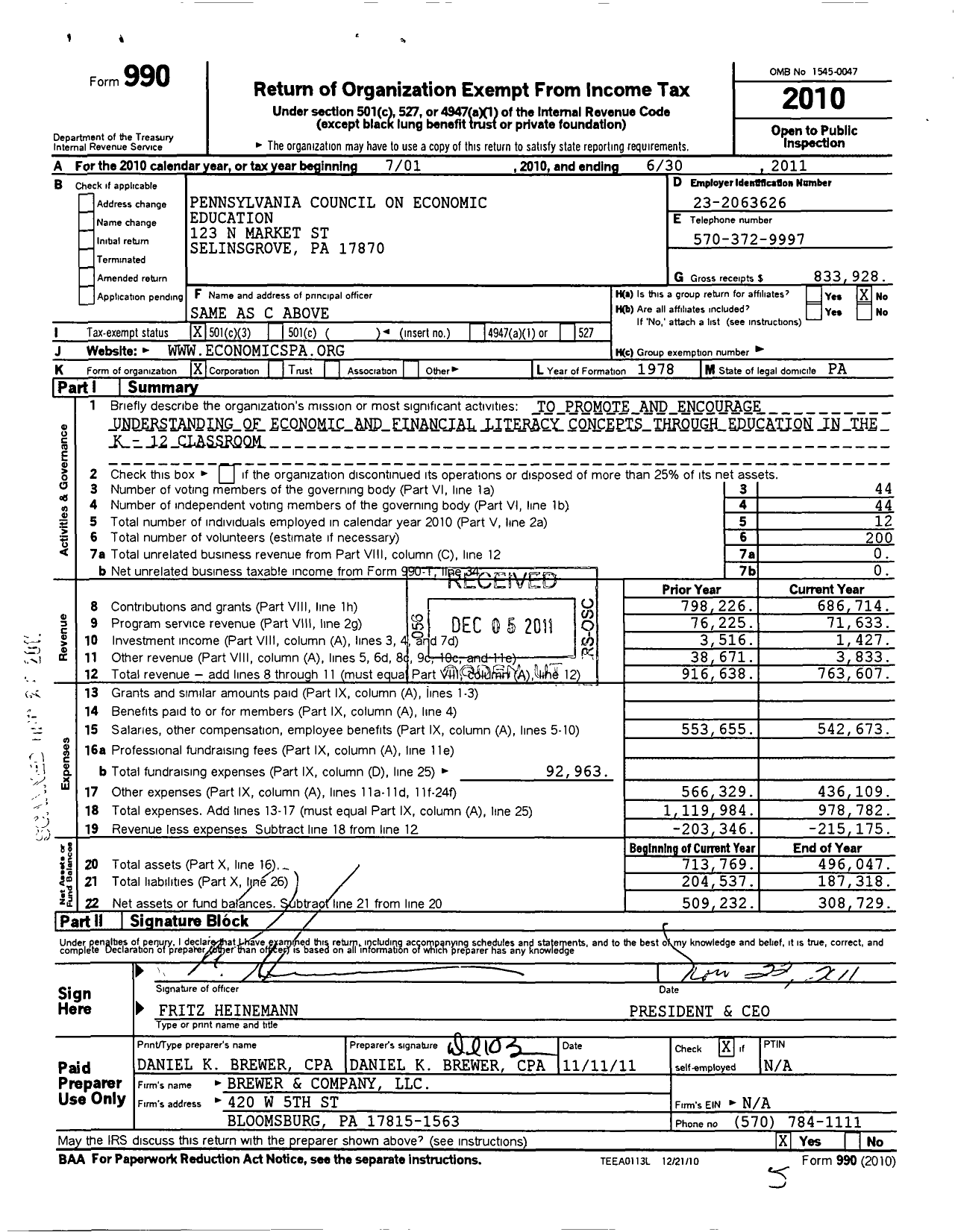 Image of first page of 2010 Form 990 for Pennsylvania Council on Economic Education