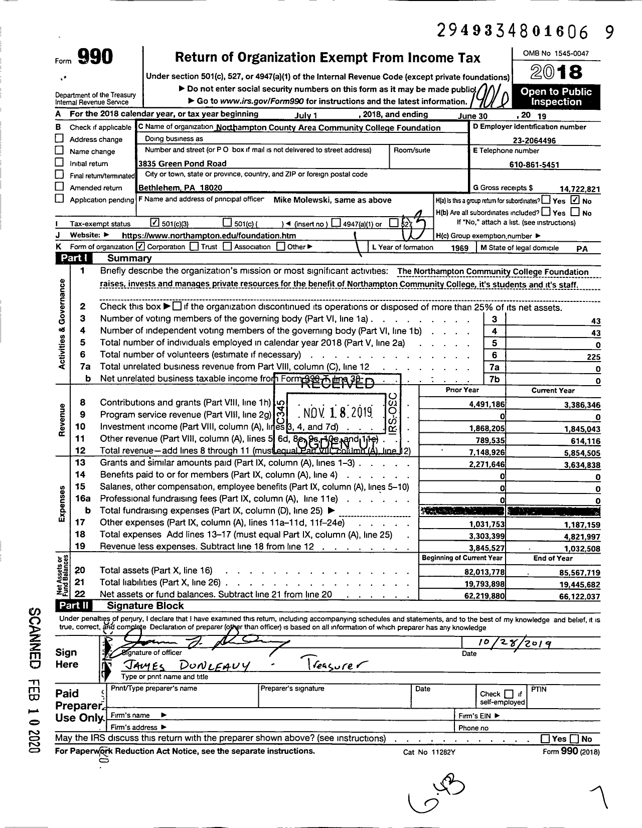 Image of first page of 2018 Form 990 for Northampton County Area Community College Foundation