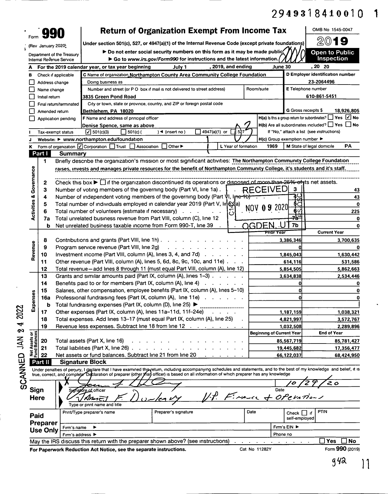 Image of first page of 2019 Form 990 for Northampton County Area Community College Foundation