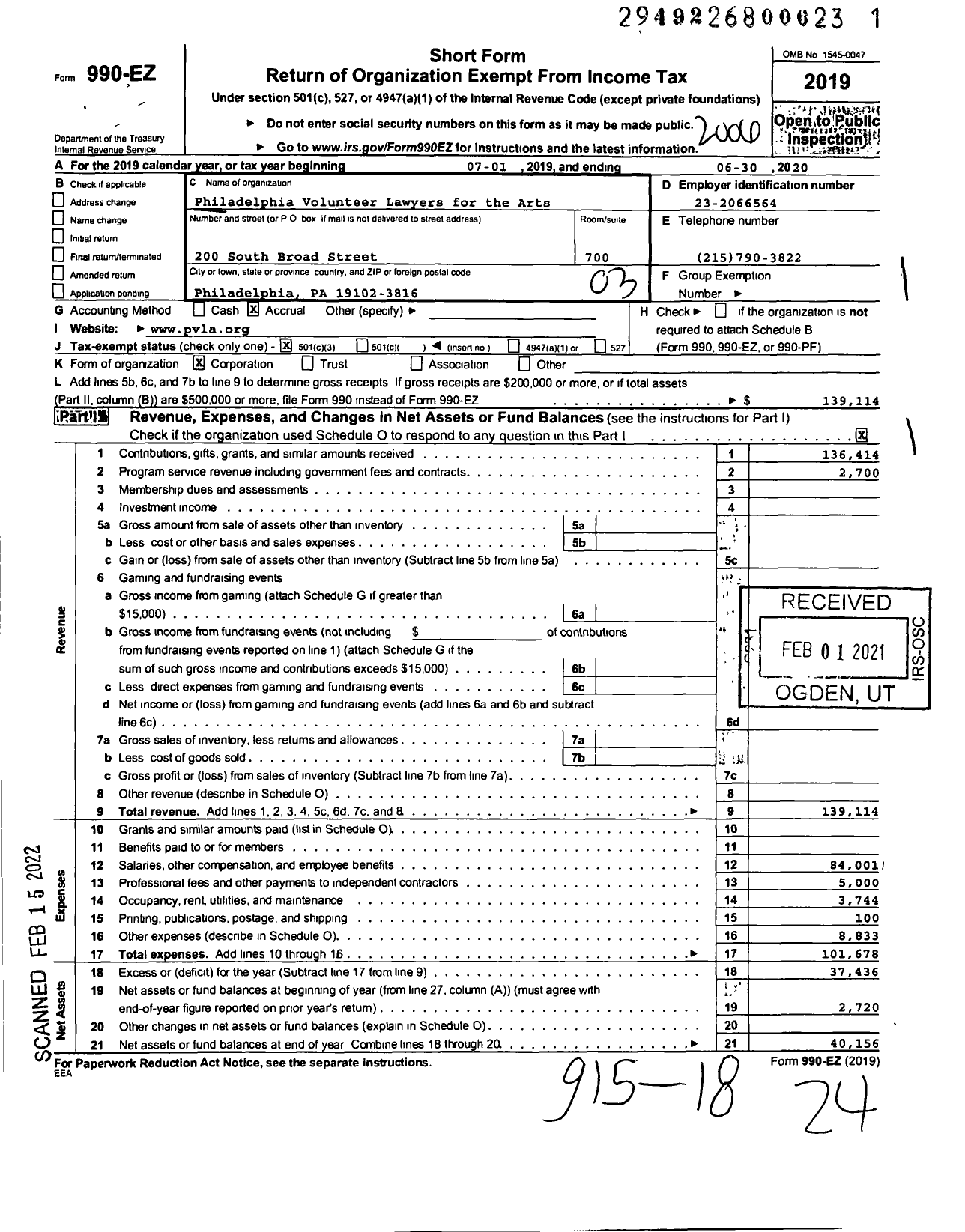 Image of first page of 2019 Form 990EZ for Philadelphia Volunteer Lawyers for the Arts