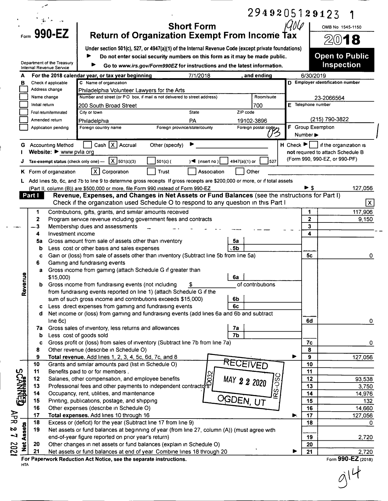 Image of first page of 2018 Form 990EZ for Philadelphia Volunteer Lawyers for the Arts