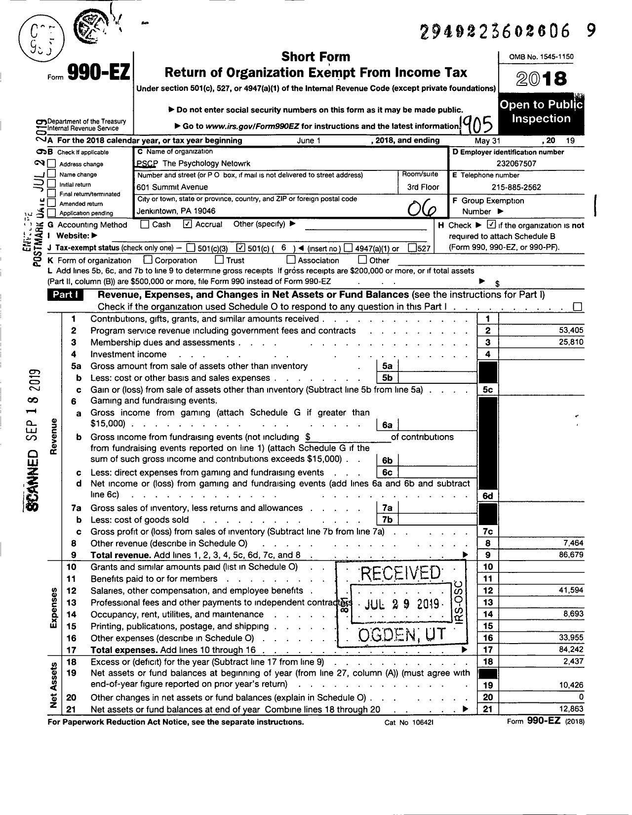 Image of first page of 2018 Form 990EO for Philadelphia Society of Clinical Psychologists