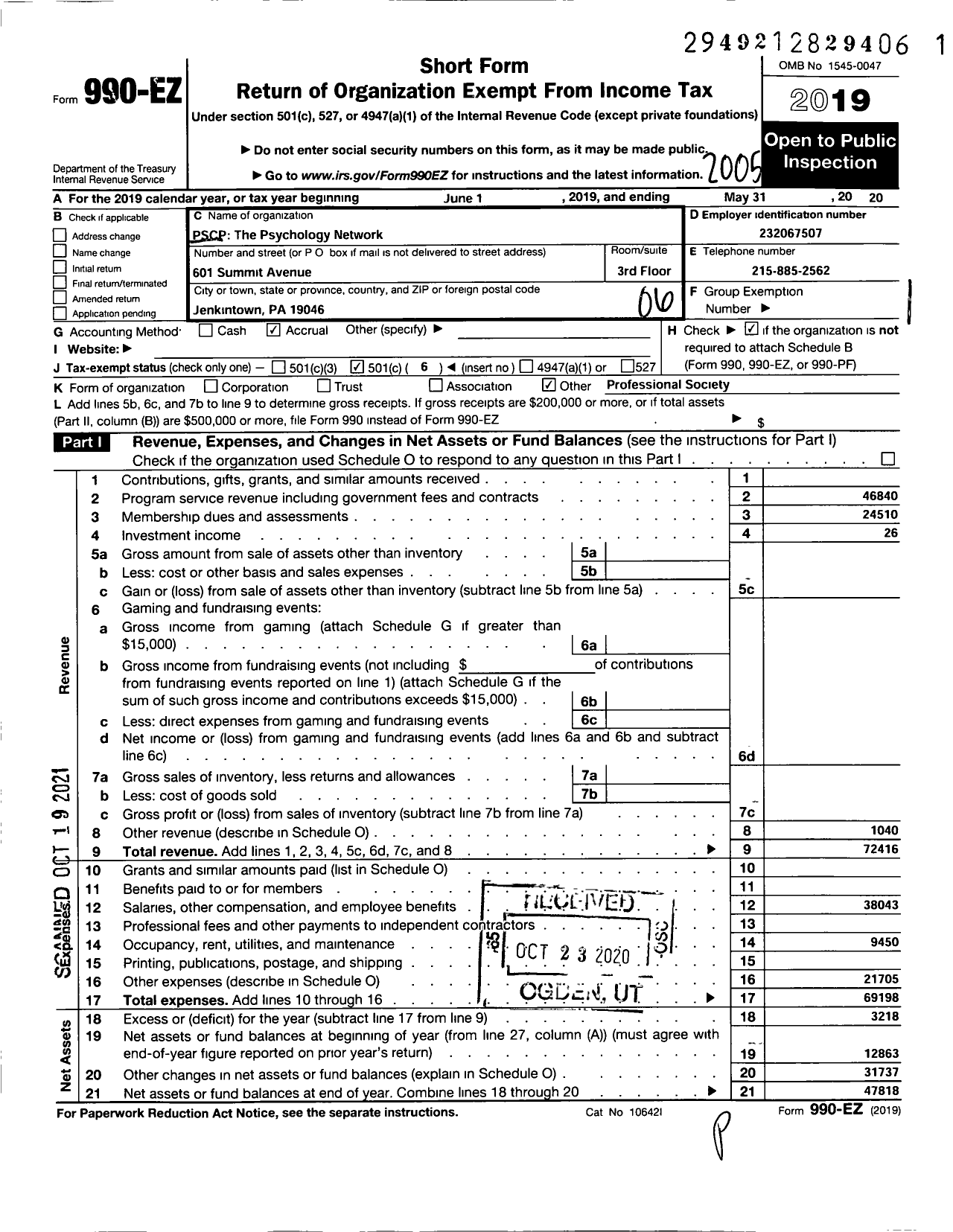 Image of first page of 2019 Form 990EO for Philadelphia Society of Clinical Psychologists