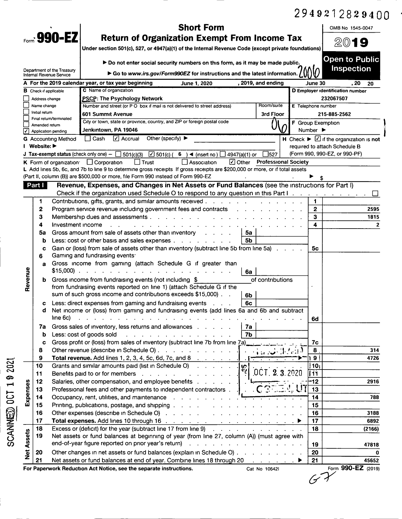 Image of first page of 2019 Form 990EO for Philadelphia Society of Clinical Psychologists