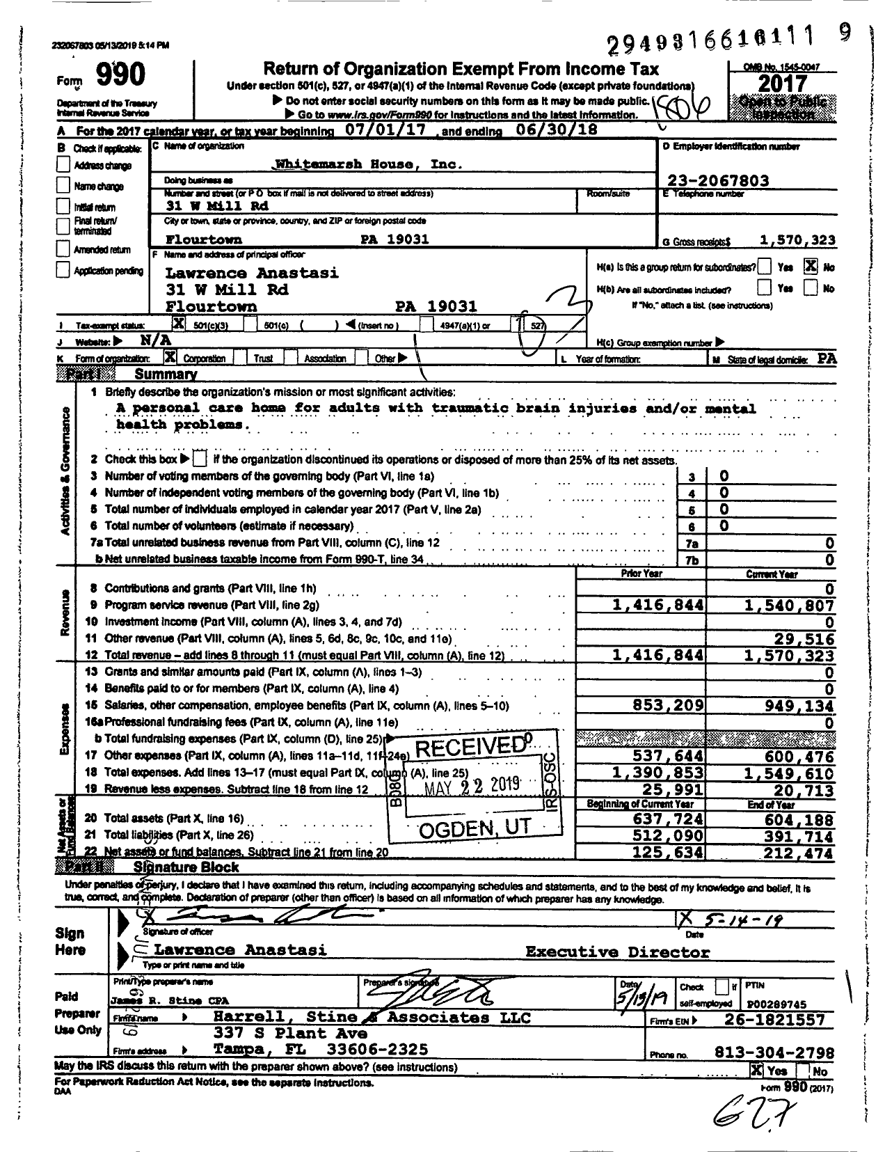 Image of first page of 2017 Form 990 for Whitemarsh House