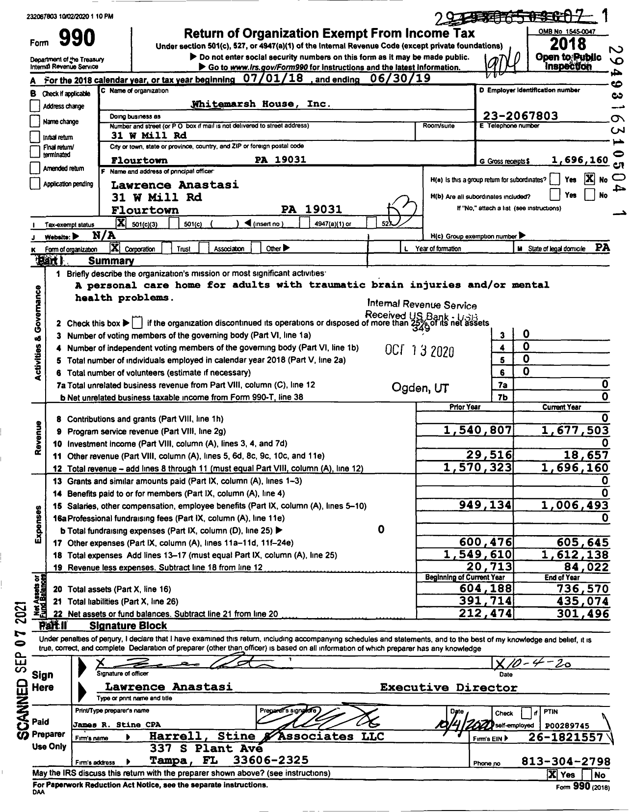 Image of first page of 2018 Form 990 for Whitemarsh House