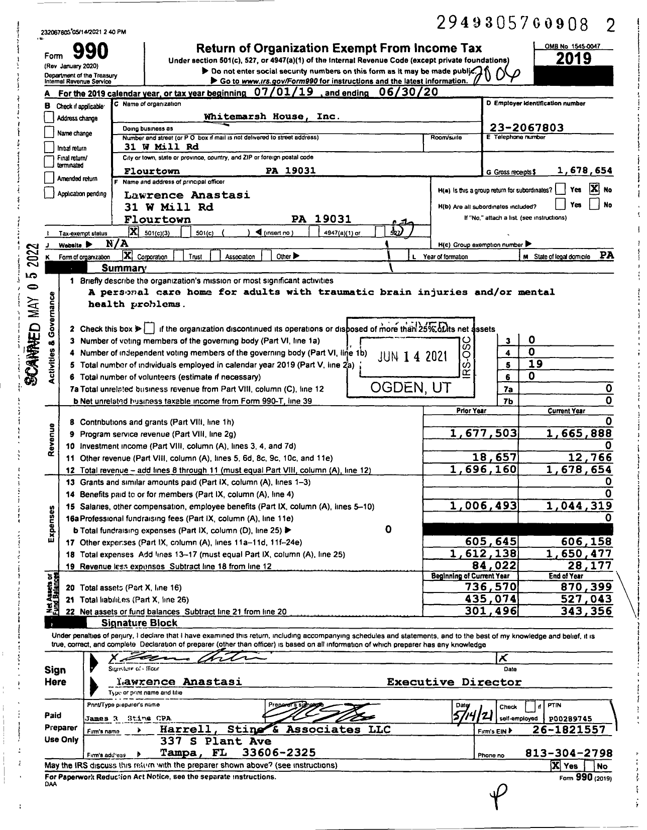 Image of first page of 2019 Form 990 for Whitemarsh House