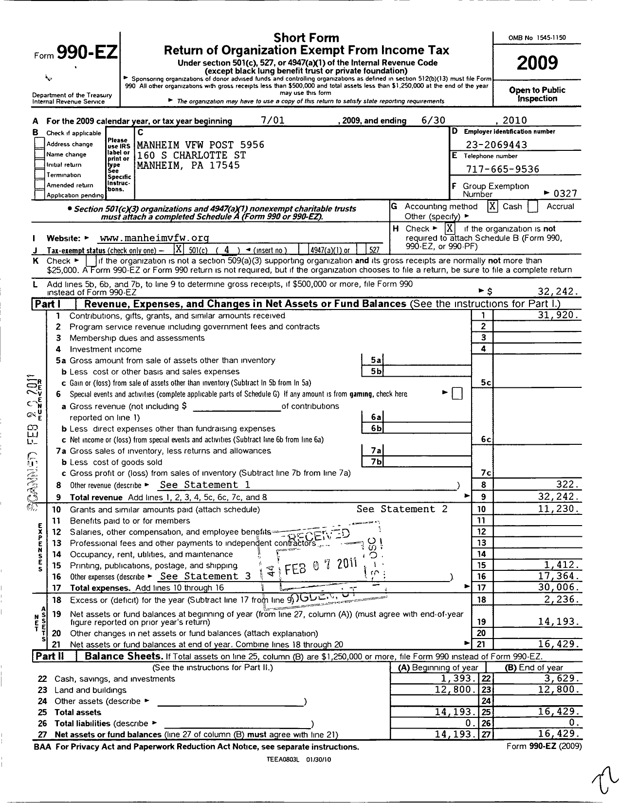 Image of first page of 2009 Form 990EO for VFW Department of Pennsylvania - 5956