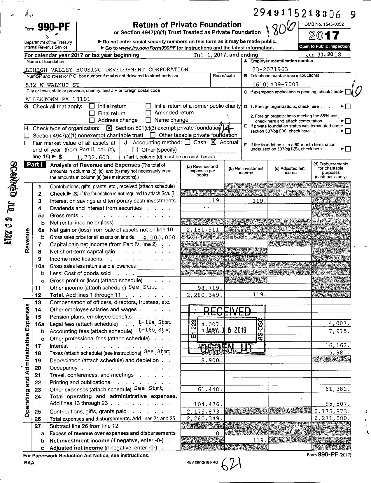 Image of first page of 2017 Form 990PF for Lehigh Valley Housing Development Corporation
