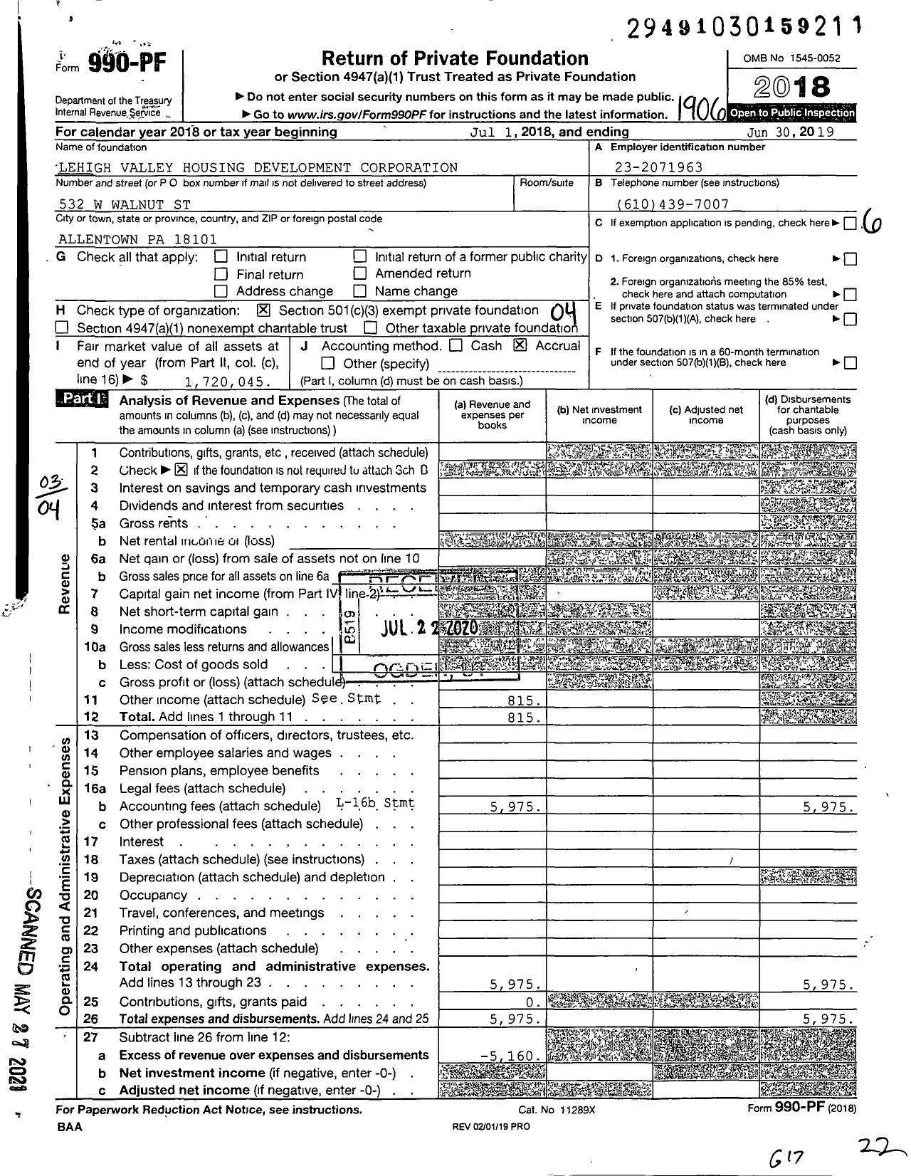 Image of first page of 2018 Form 990PF for Lehigh Valley Housing Development Corporation