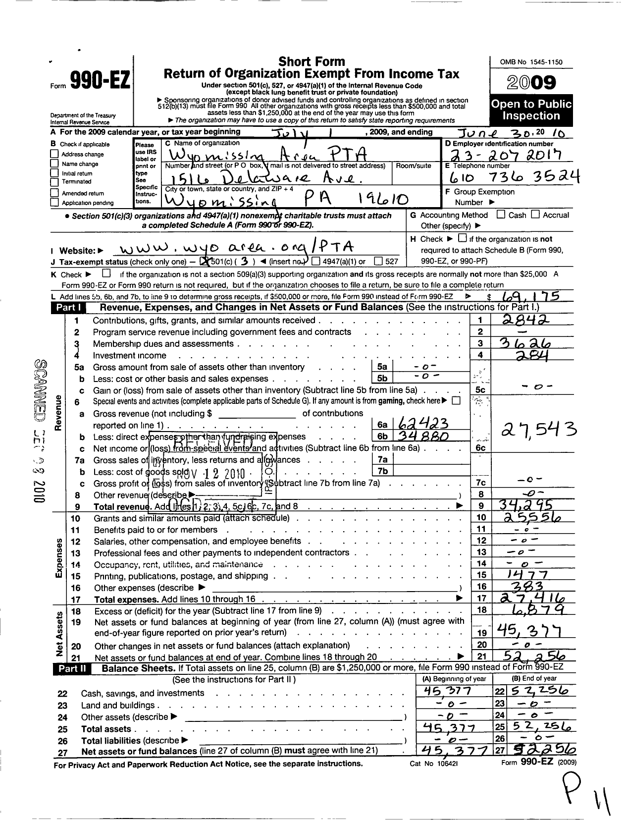 Image of first page of 2009 Form 990EZ for PTA Pennsylvania Congress / Wyomissing Area PTA