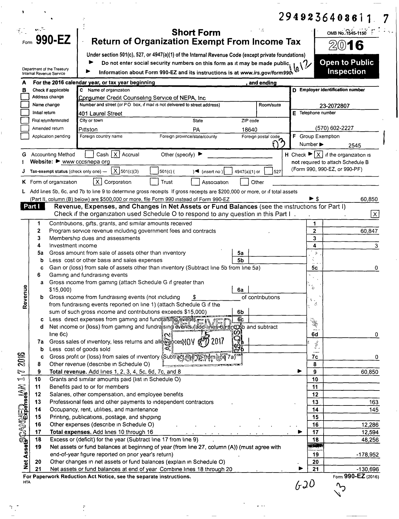 Image of first page of 2016 Form 990EZ for National Foundation for Credit Counseling / CCCS of Northeastern Pennsylvania