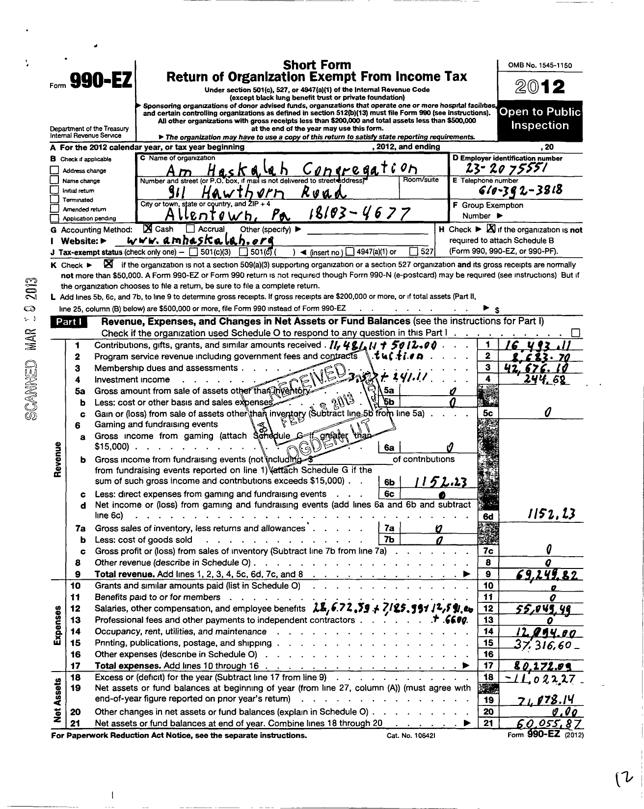 Image of first page of 2012 Form 990EO for Am Haskalah Congregation