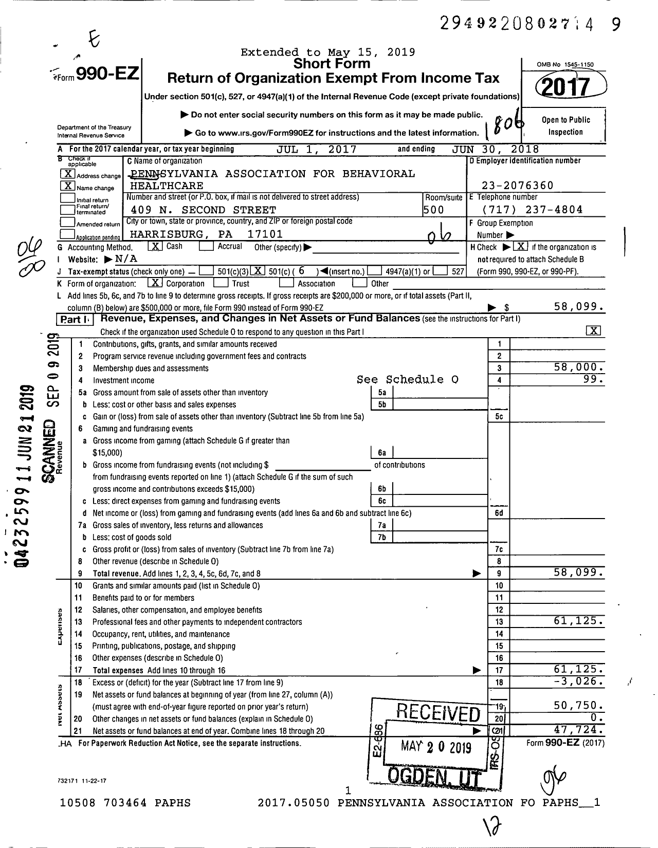 Image of first page of 2017 Form 990EO for Pennsylvania Association for Behavioral Healthcare