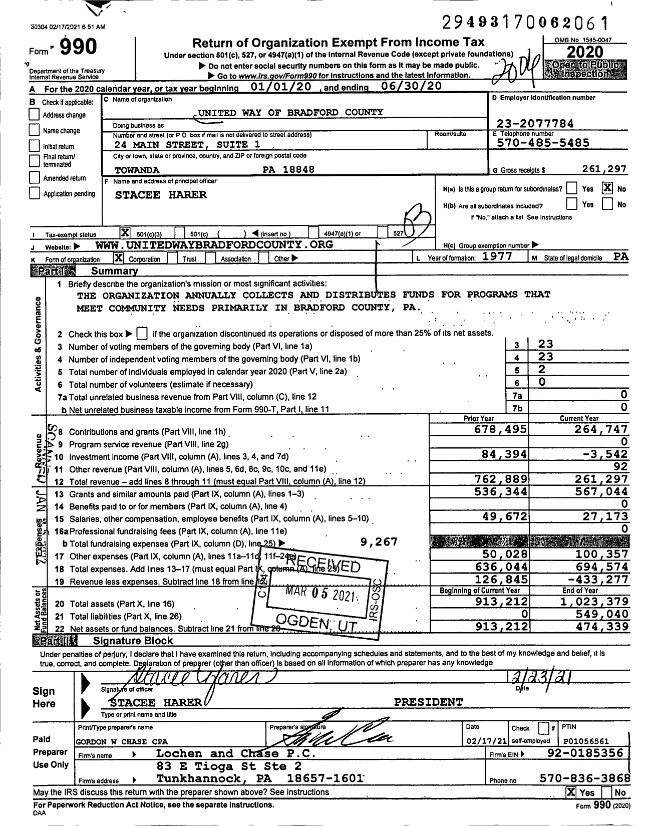 Image of first page of 2019 Form 990 for United Way of Bradford County