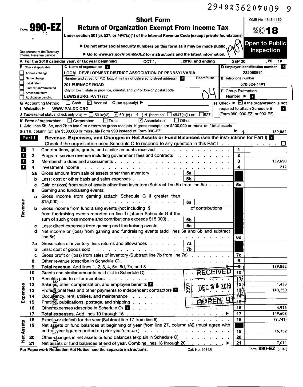 Image of first page of 2018 Form 990EO for Local Development District Association of Pennsylvania