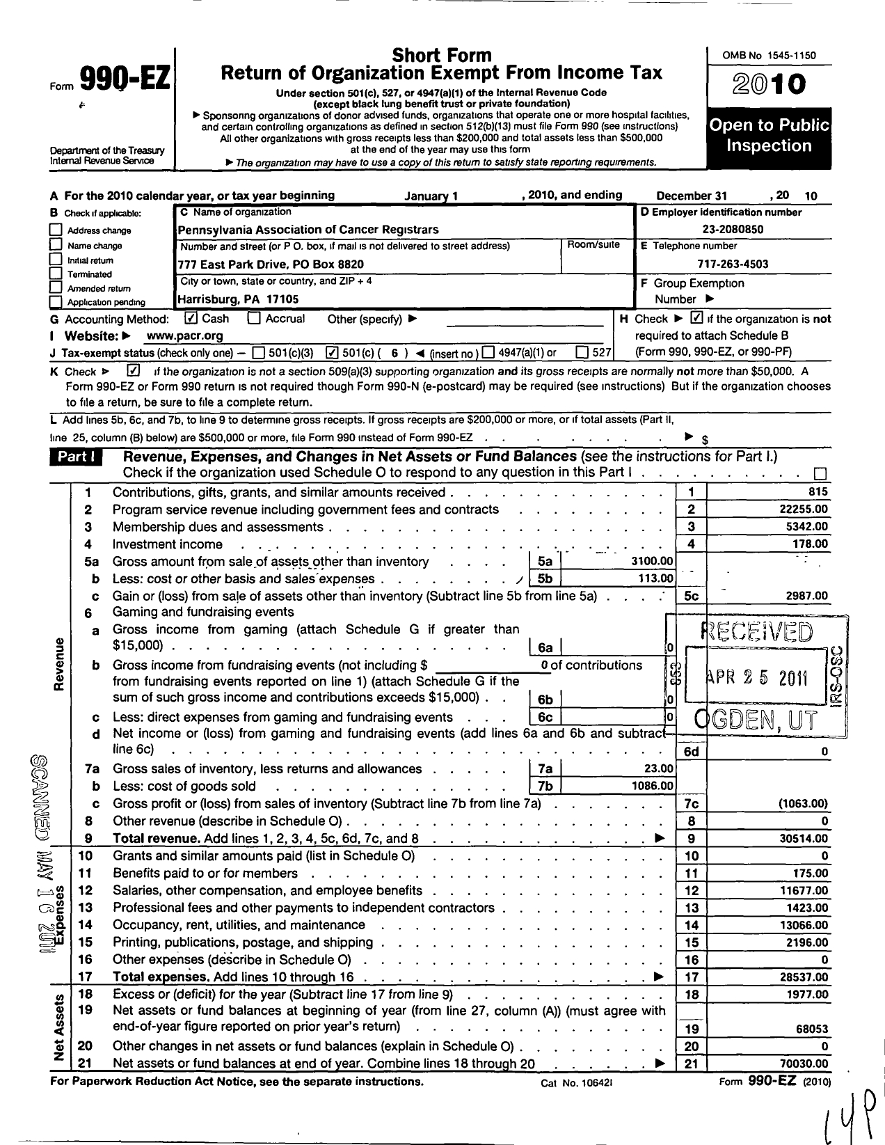 Image of first page of 2010 Form 990EO for Pennsylvania Association of Cancer Registrars