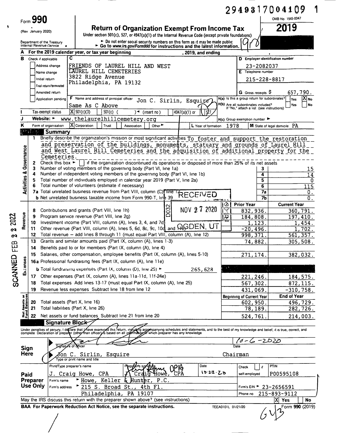 Image of first page of 2019 Form 990 for Friends of Laurel Hill and West Laurel Hill Cemeteries