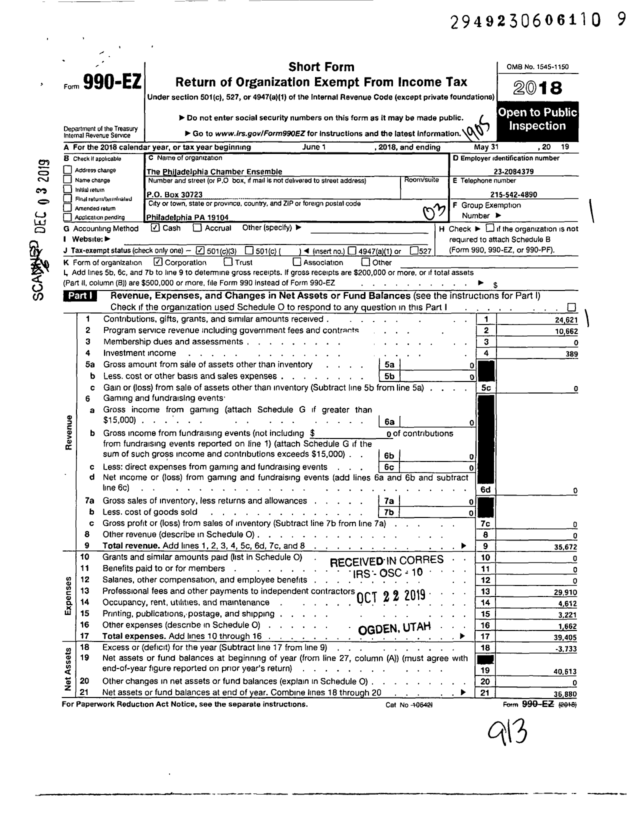 Image of first page of 2018 Form 990EZ for Philadelphia Chamber Ensemble