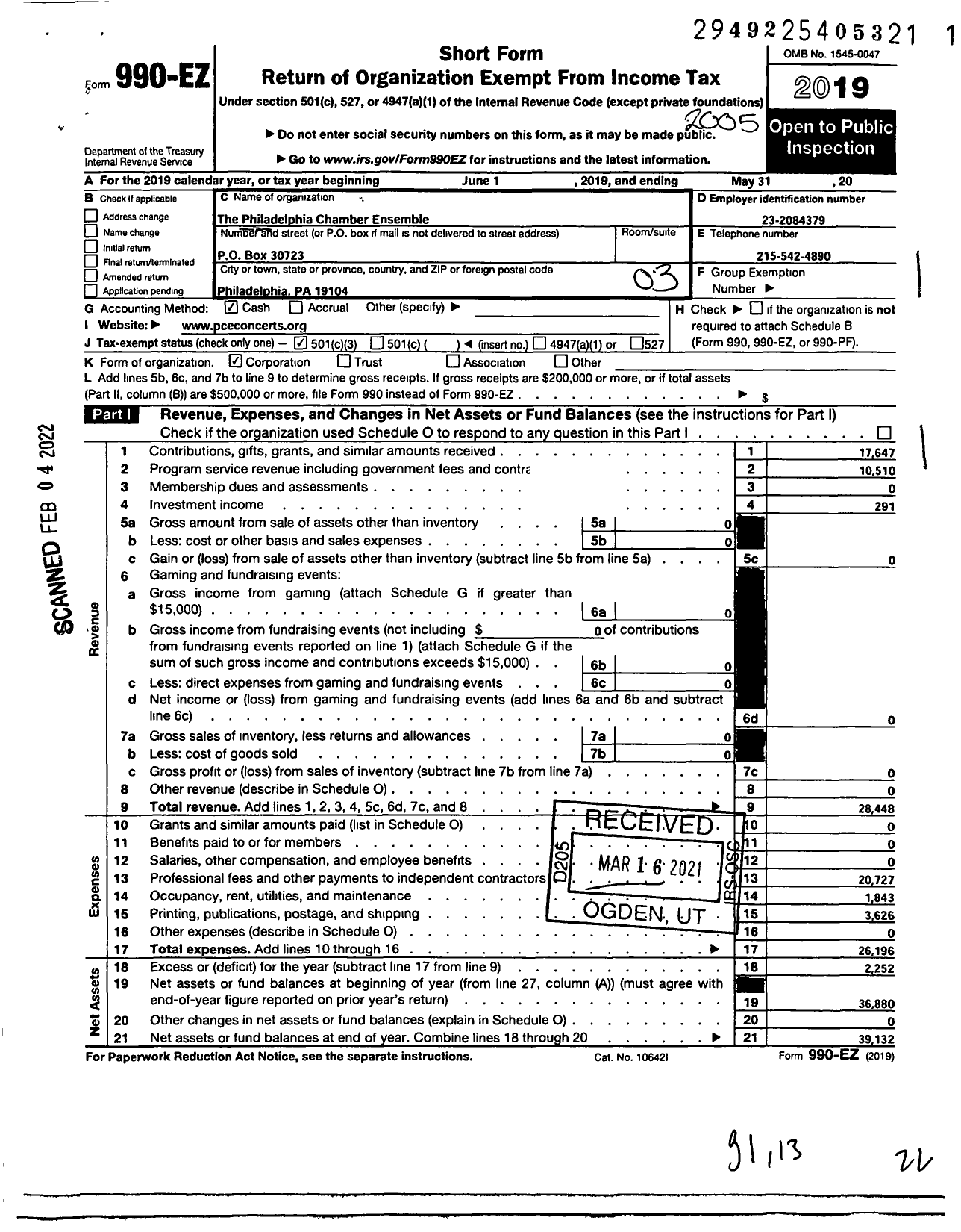 Image of first page of 2019 Form 990EZ for Philadelphia Chamber Ensemble