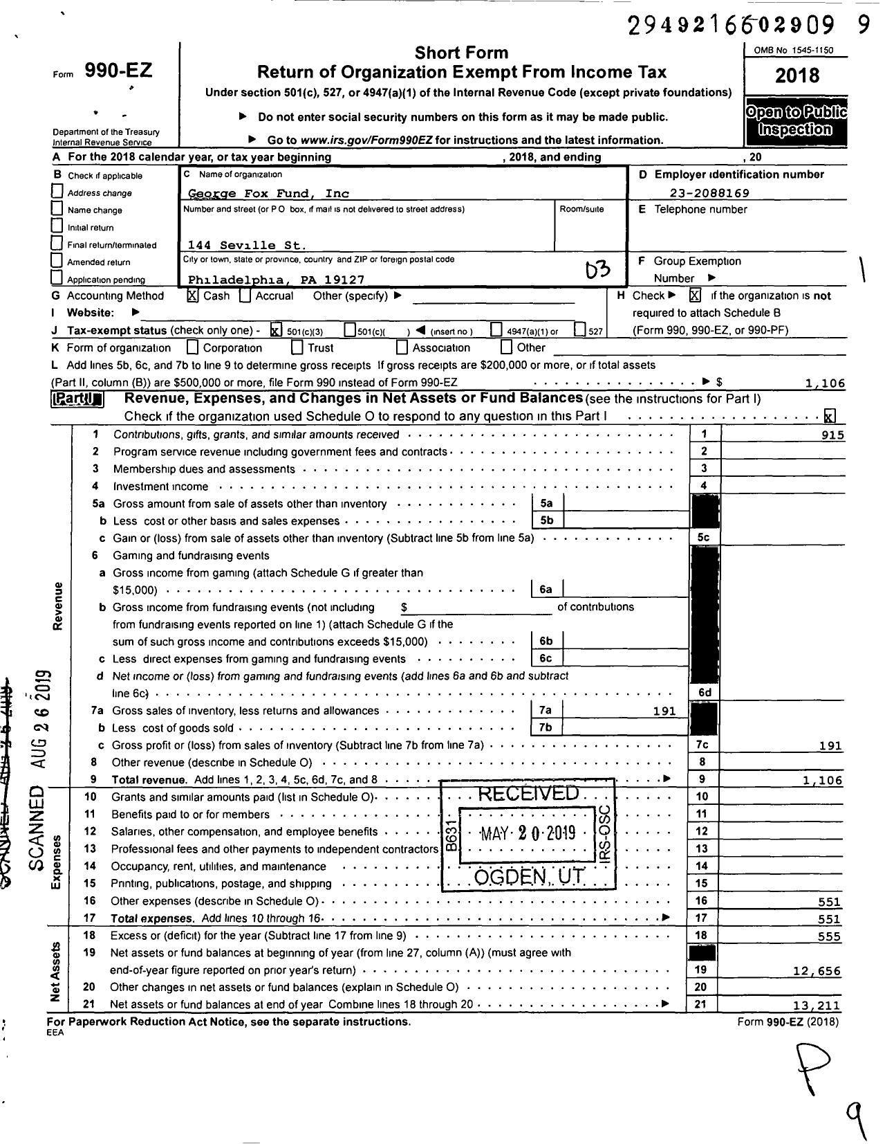 Image of first page of 2018 Form 990EZ for George Fox Fund