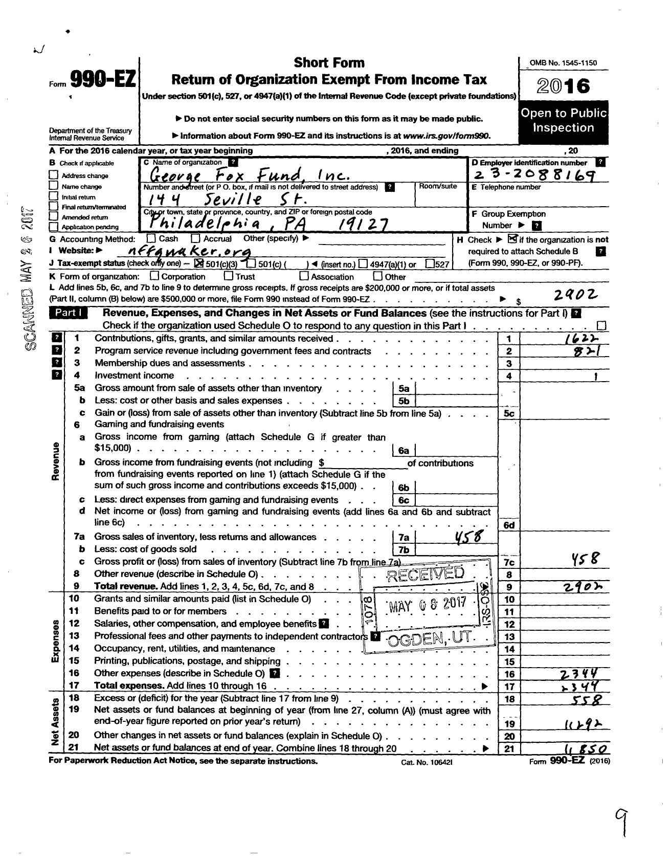 Image of first page of 2016 Form 990EZ for George Fox Fund