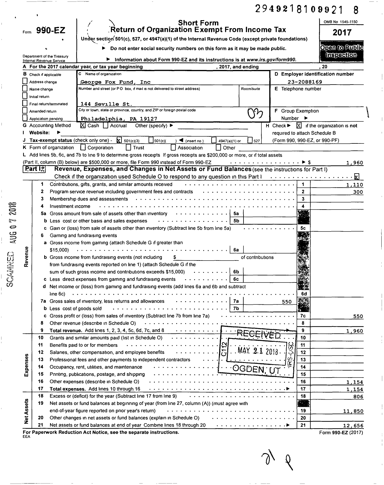 Image of first page of 2017 Form 990EZ for George Fox Fund