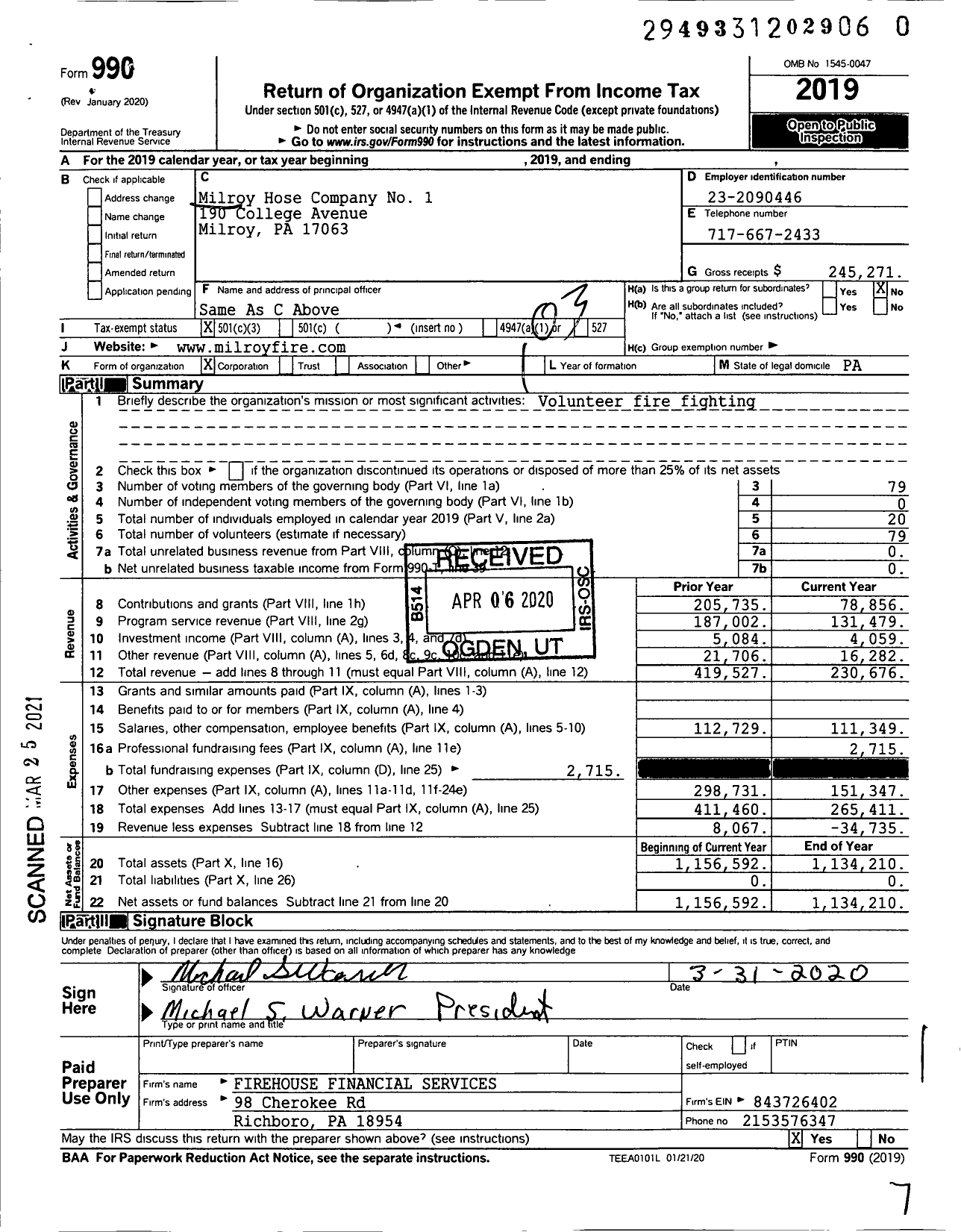 Image of first page of 2019 Form 990 for Milroy Hose Company No 1