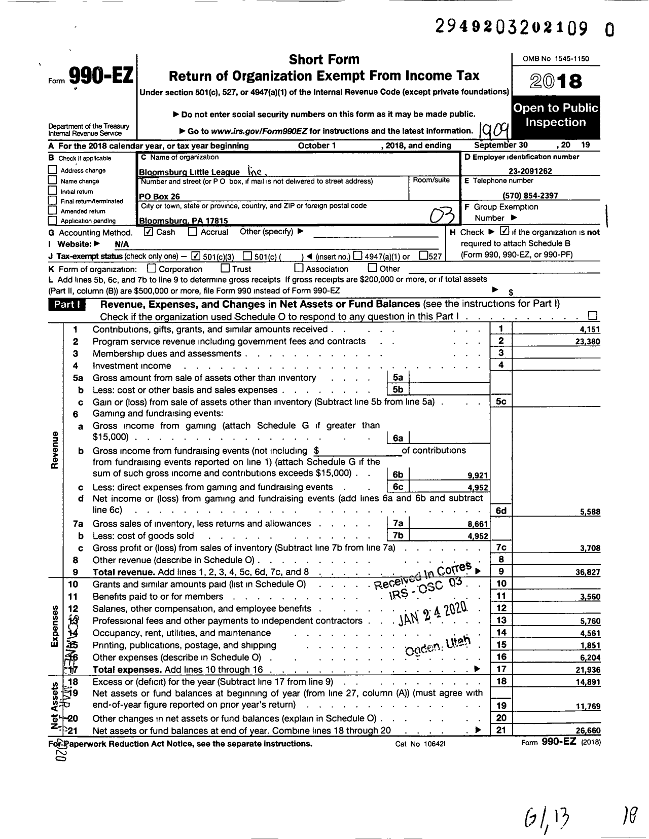 Image of first page of 2018 Form 990EZ for LITTLE LEAGUE BASEBALL - 2381302 Bloomsburg LL