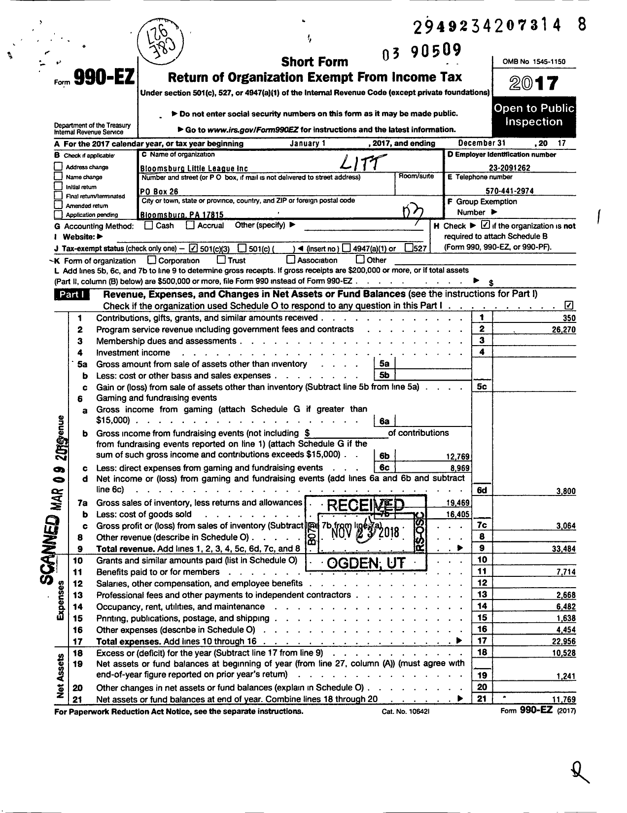 Image of first page of 2017 Form 990EZ for LITTLE LEAGUE BASEBALL - 2381302 Bloomsburg LL